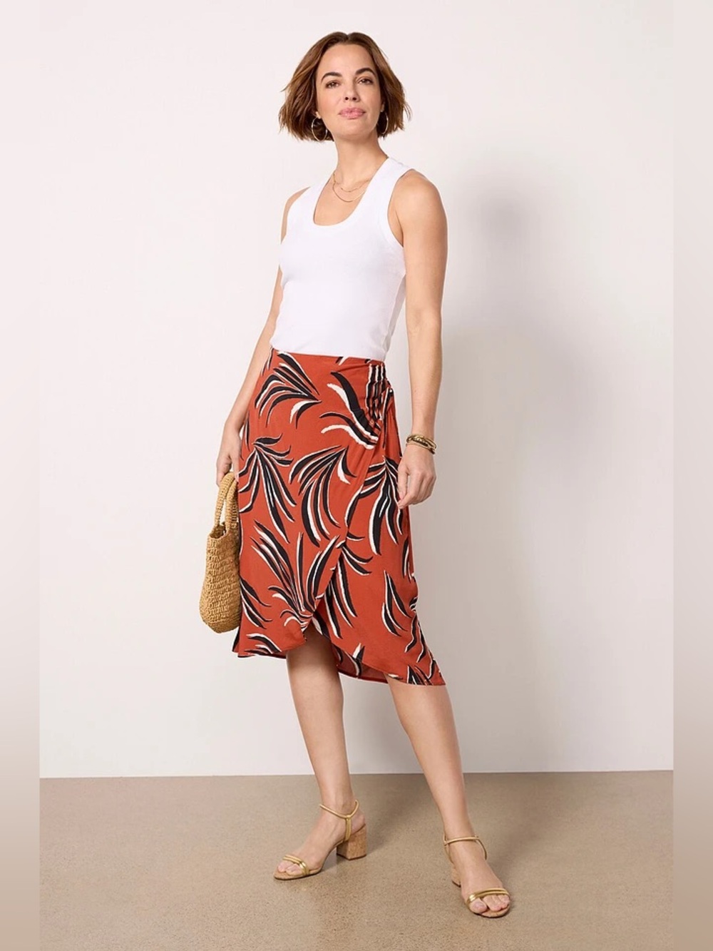 Evereve Yara Midi Skirt Faux Wrap Pull On Red Leaf Print 100% Rayon